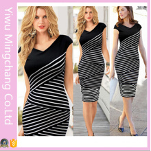 2016 Europe and America Black and White Striped Plus Size Slimming Pencil Dress